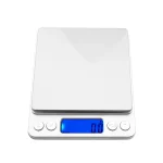 a white electronic scale with a blue screen